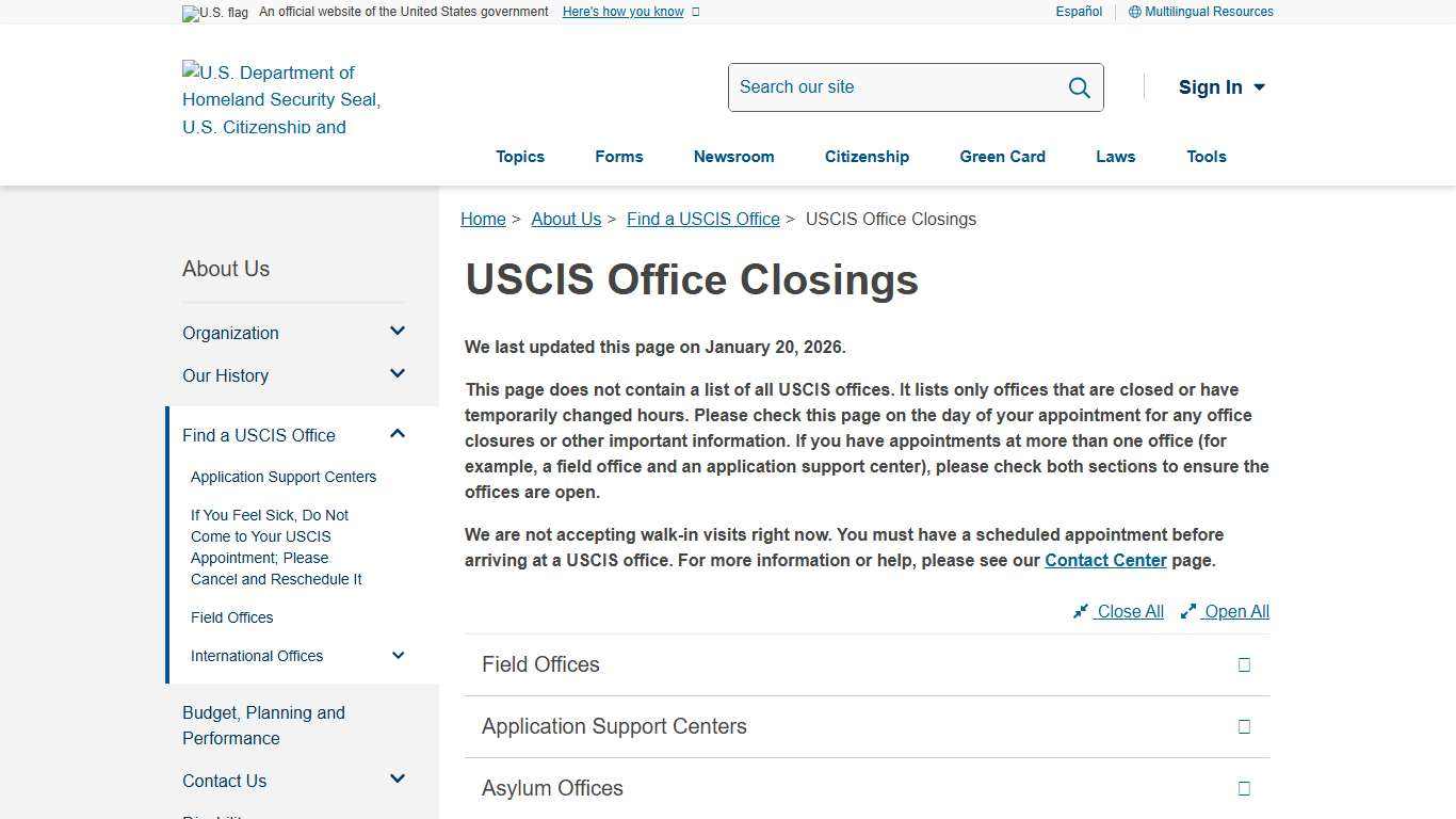 USCIS Office Closings | USCIS